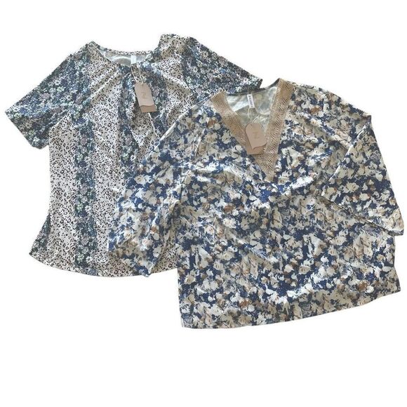 2 New Zolucky Blue Floral Summer Blouse Tops Women’s Plus Size 1X Set NWT - Picture 1 of 10